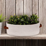 panier rangement ovale tissé coton beige blanc moderne poignées cuir salle bain