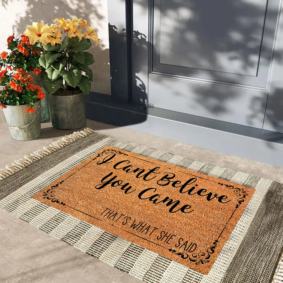 tapis d'entrée marron clair motif floral antidérapant résistant intempéries porte sol