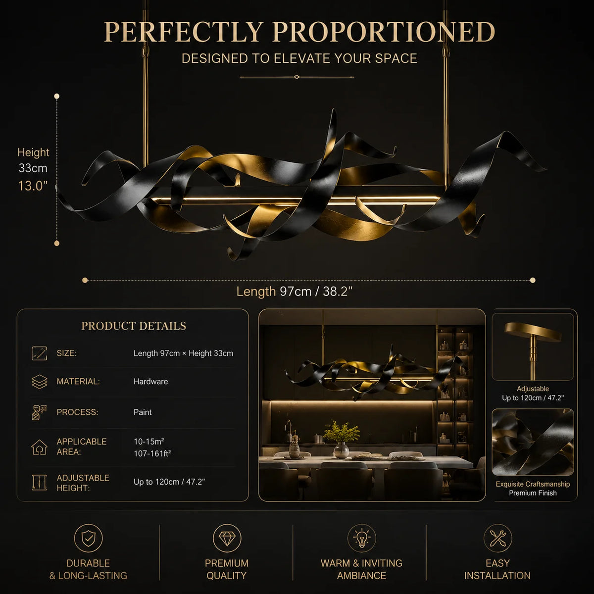 lampe suspendue moderne élégante noir doré sculptural finition métallique luxueuse 120cm adjustable