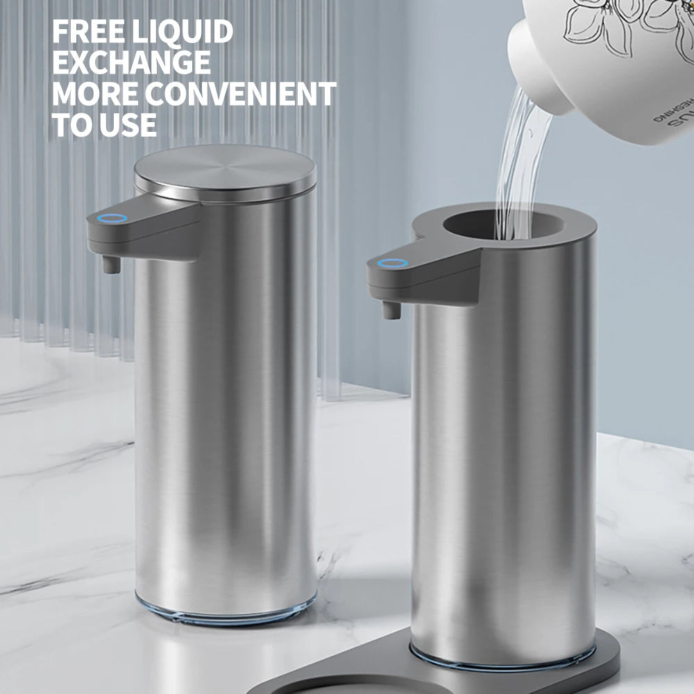 distributeur savon automatique gris métallisé lisse moderne minimaliste mousse liquide