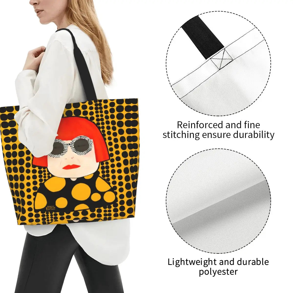 sac main polyester jaune points noirs moderne poche intérieure poignées noires femme pop art