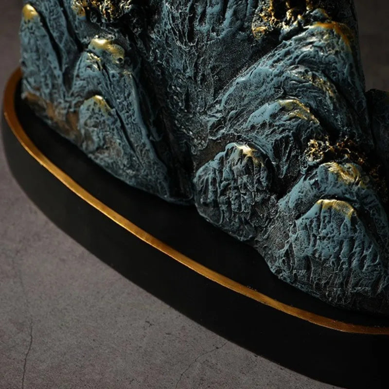 ornements résine bleu doré relief rocher artisanal moderne sculpture base noire dorée