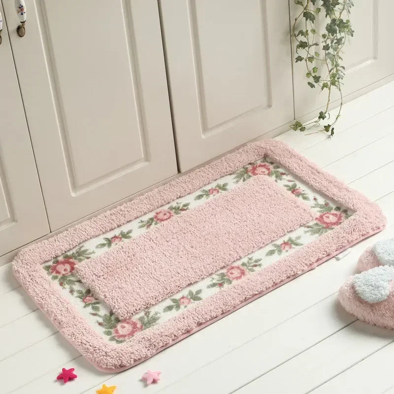 tapis sol fleurs roses feuilles vertes doux moelleux rose clair vert beige classique confortable