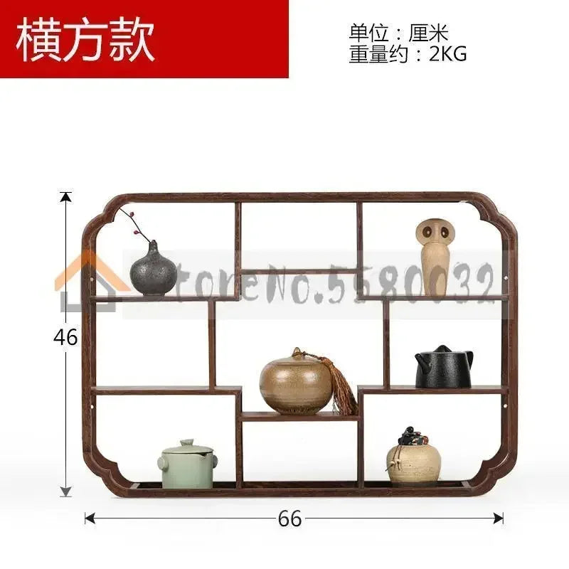 étagère murale bois sculpté classique marron statuettes théières vases tasses rangement cuisine déco