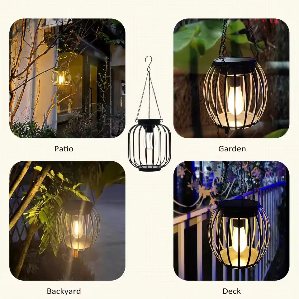 lanterne solaire vintage cage métallique noire ampoule led panneau solaireextérieur autoinstallation modes lumière jardin