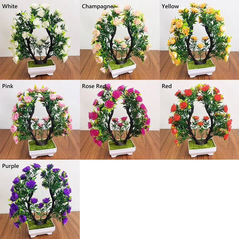 plantes artificielles bonsaï violet rose blanc jaune rouge pot carré mousse verte décoration intérieure
