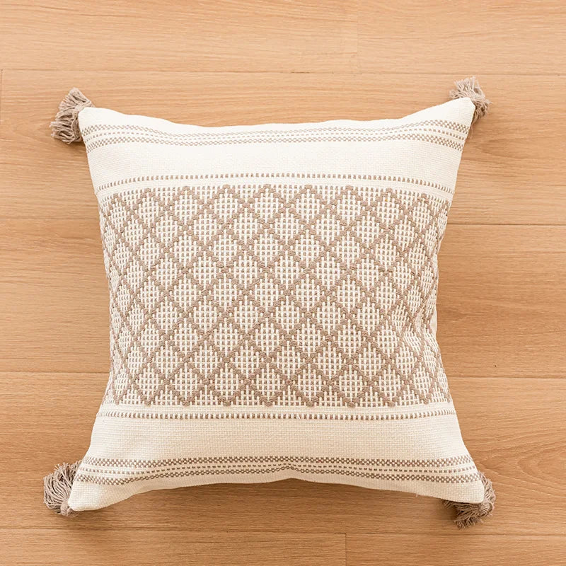 coussin carré boho noir blanc motif géométrique tassel polyester amovible lavable