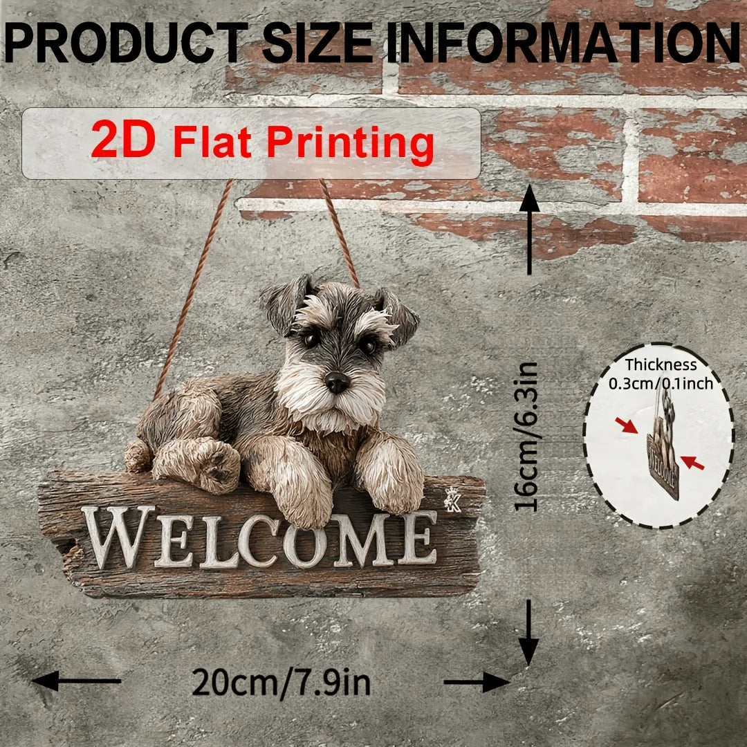 Panneau decoratif welcome chien schnauzer texture bois vintage 3d cordelette marron gris blanc