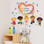 sticker mural cartoon multicolore personnages souriants main coeur arc ciel adhésif chambre salon