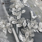 tissu décoratif gris clair feuilles relief sequins semi transparent brodé élégant polyester 150cm 128cm