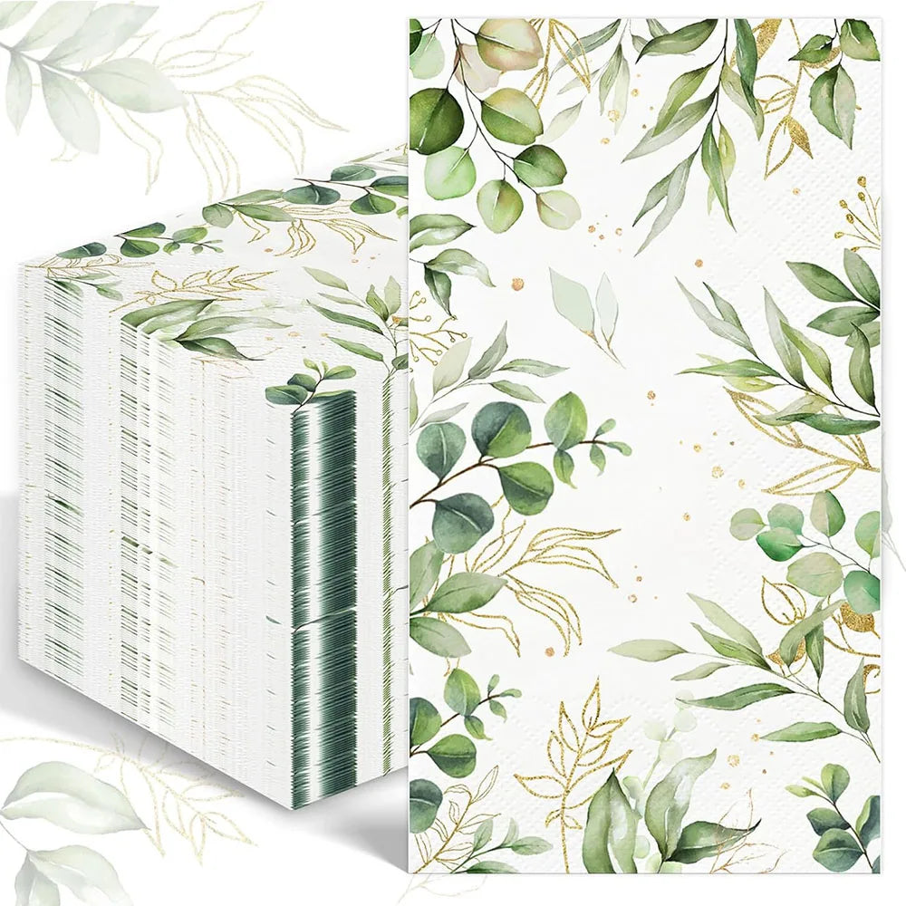 serviettes jetables motif feuilles eucalyptus blanc vert doré moderne élégantes pack 20 pièces evento