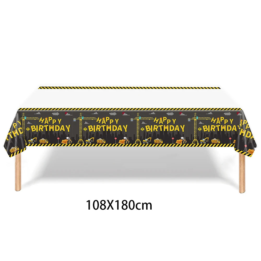 nappe fête enfant construction excavatrice happy birthday garçon anniversaire chantier engins construction cones signalisation