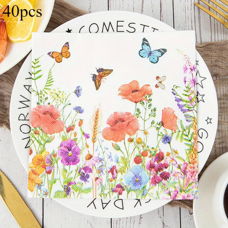 serviettes papier multicolores fleurs décoratives anniversaire mariage fêtes thème rétro printemps vintage