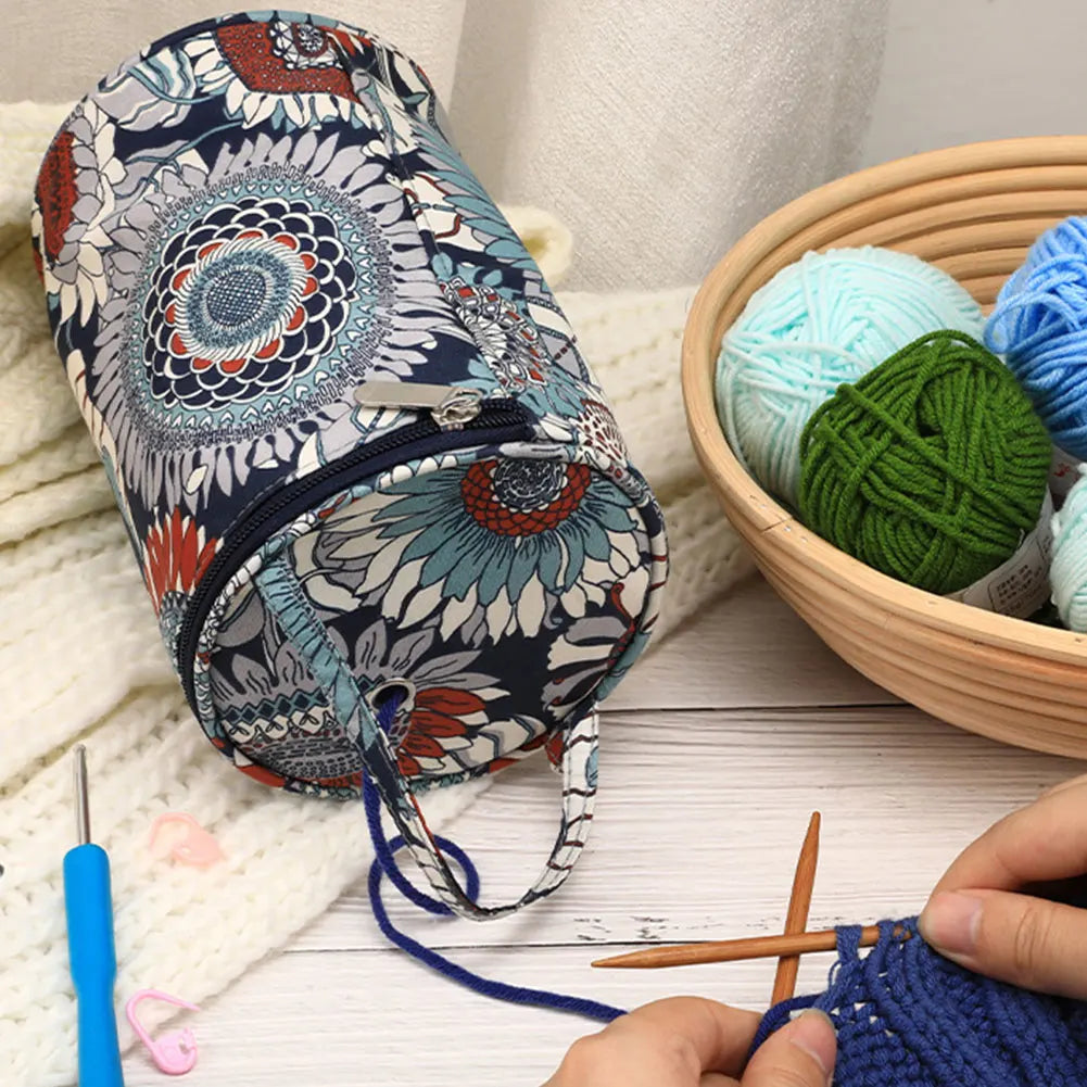 Sac rangement laine moderne noir rouge fleurs poignée amovible crochet pelotes mesures pratique