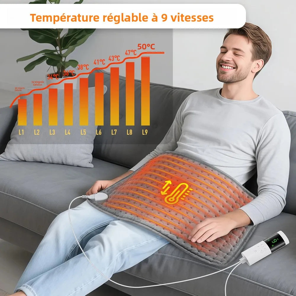 tapis chauffant électrique moderne niveaux température modes timer tissu gris texturé éléments chauffants orange