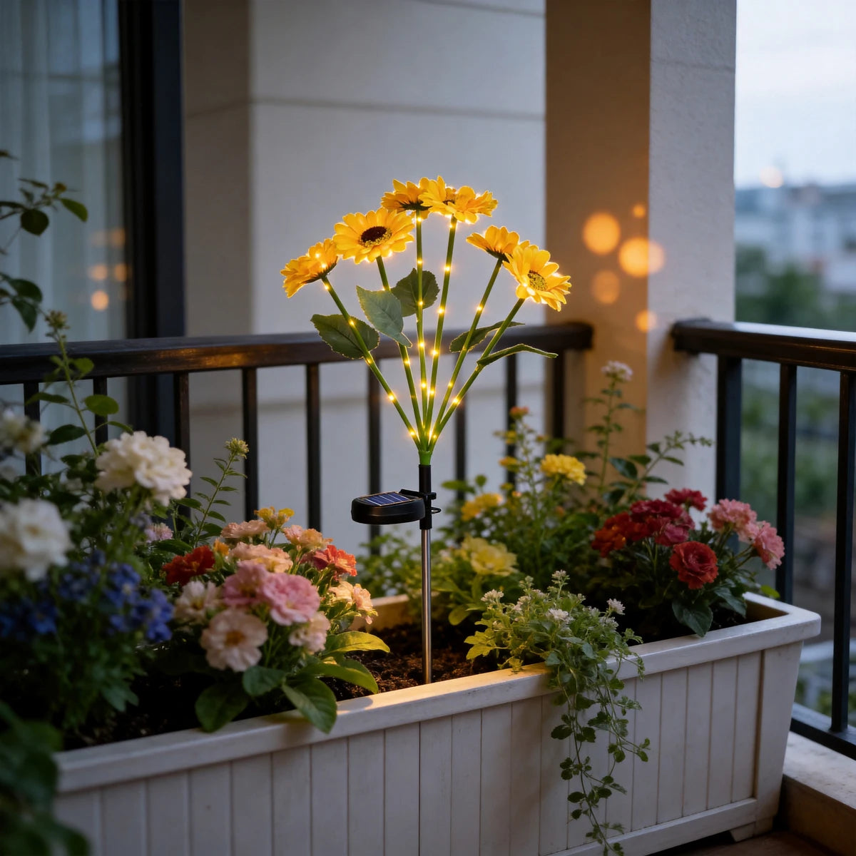 décoration extérieure solaire moderne bouquet lumineux jaune vert tringle métallique fleurs feuilles paysagère