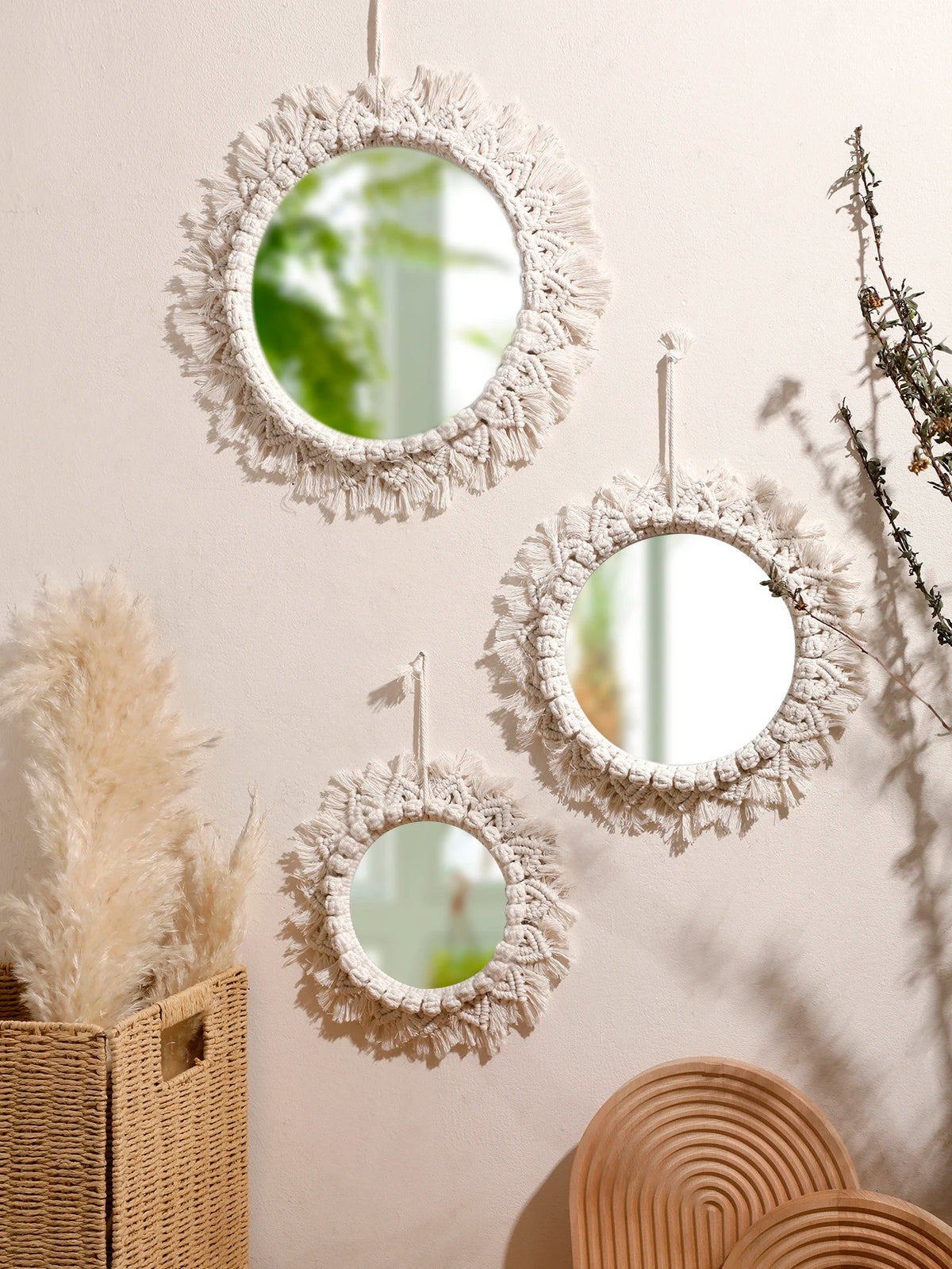 miroir boho macramé franges chambre salon décoration murale artisanale blanc beige