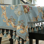 nappe table rectangulaire jacquard brodé motif floral luxe franges mariage