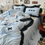 ensemble literie housse couverture taies nœuds noirs volants blancs filles doux