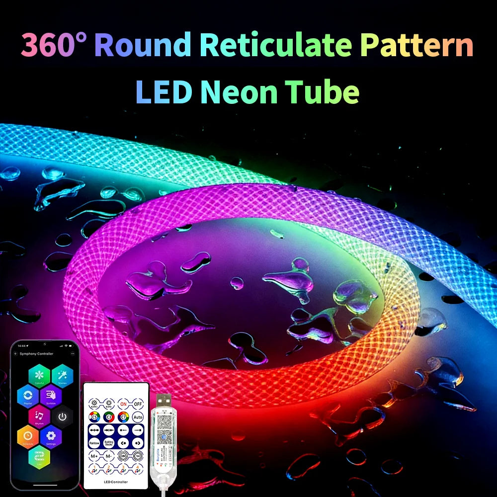 tube néon led multicolore réticulé 360° moderne clips câble usb télécommande