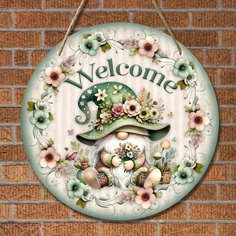 plaque décorative verte blanc rose gnome fleurs bienvenue vintage floral 20cm