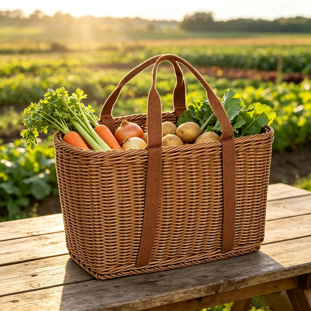 panier tressé marron clair poignées cuir réutilisable contenant fruits légumes intérieur extérieur vintage traditionnel
