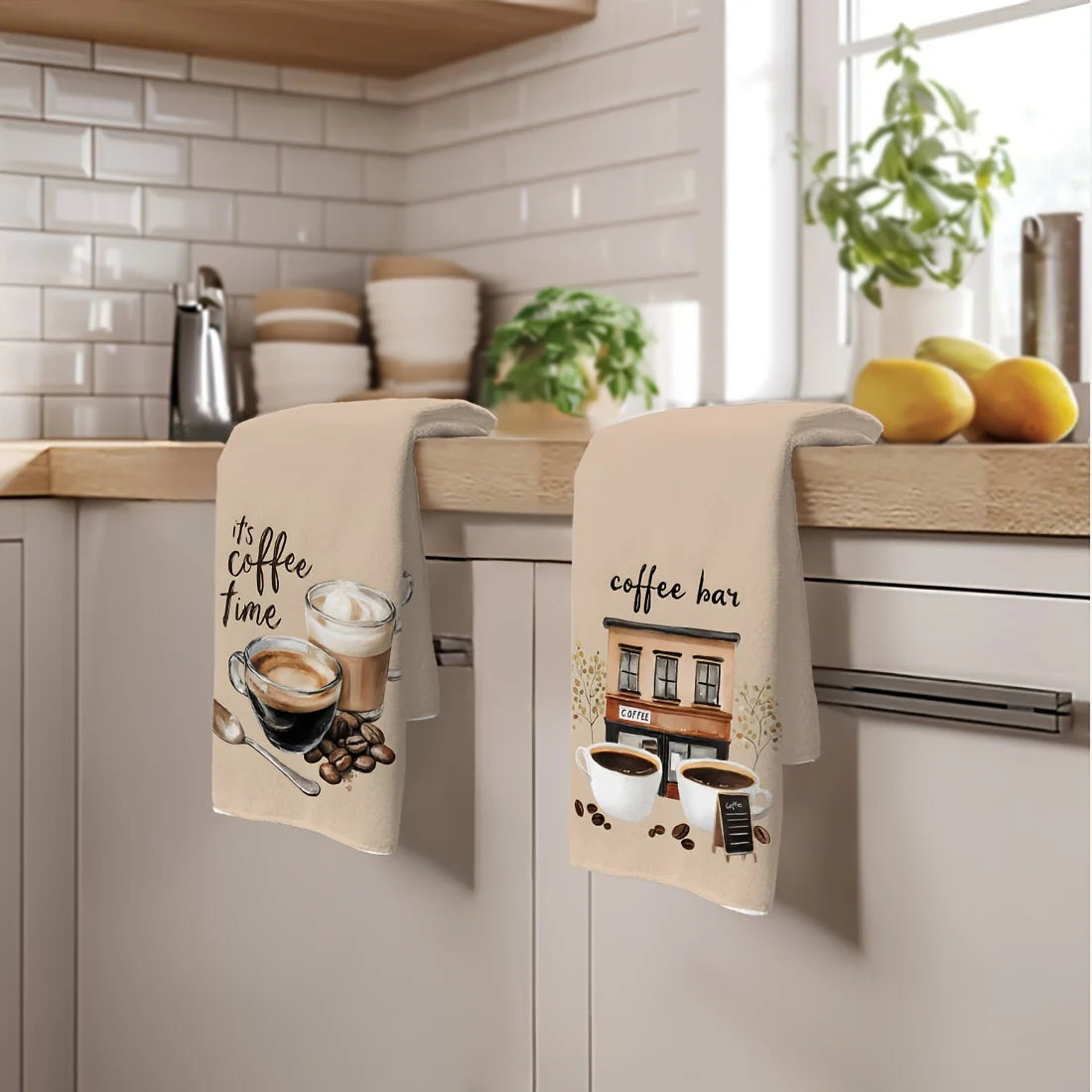 serviettes cuisine motifs tasse grains rustique beige blanc opaques absorbantes echangement deco