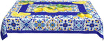 nappe rectangulaire imperméable motif floral géométrique moderne bleu blanc jaune citron réutilisable polyester table