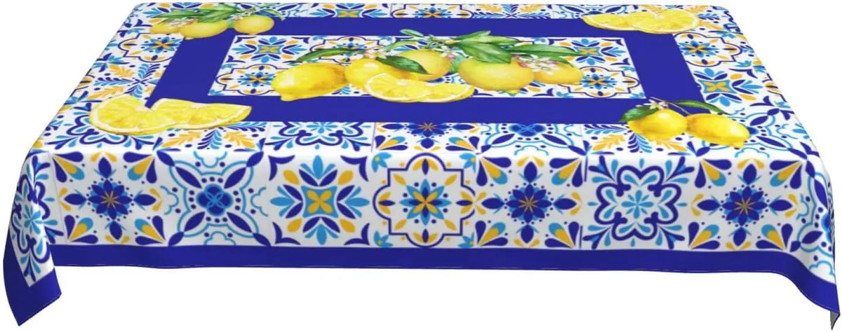 nappe rectangulaire imperméable motif floral géométrique moderne bleu blanc jaune citron réutilisable polyester table