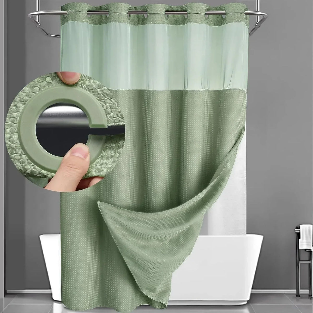 rideau douche moderne blanc translucide polyester 183x190cm anneau intégré