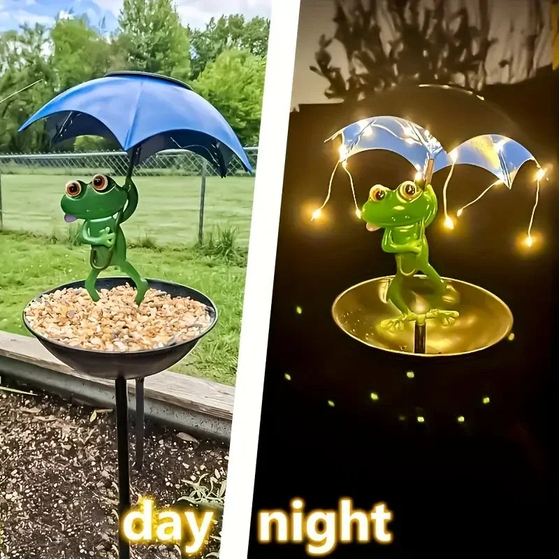 statue grenouille parapluie abreuvoir oiseaux deco jardin lumiere solaire vert bleu moderneextérieur fantaisiste led