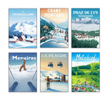 Affiches touristiques colorées mettant en scène diverses destinations montagneuses et hivernales, avec des paysages enneigés, des stations de ski et des activités de plein air.