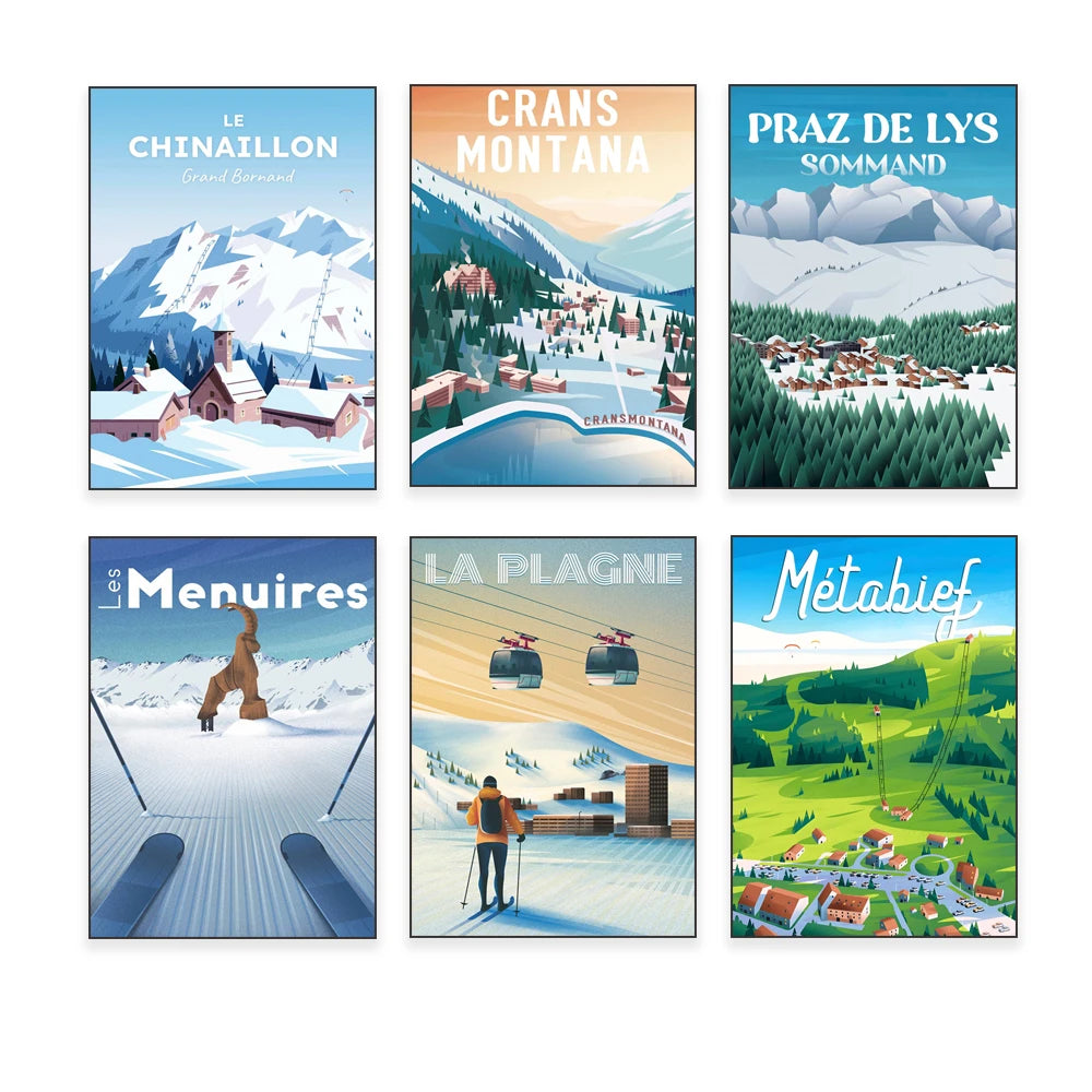 Affiches touristiques colorées mettant en scène diverses destinations montagneuses et hivernales, avec des paysages enneigés, des stations de ski et des activités de plein air.