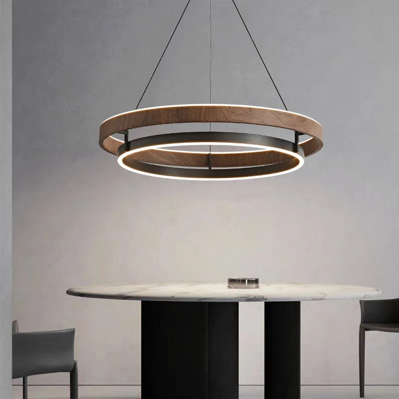 suspension lumineuse moderne bois foncé anneau concentrique éclairage led minimaliste