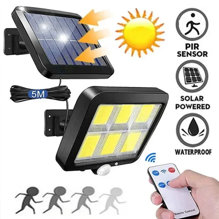 Lampe solaire murale extérieure avec capteur de mouvement éclairant un jardin la nuit
