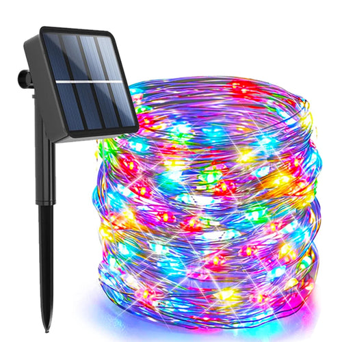 guirlande lumineuse solaire led multicolore fil cuivre jardin exterieur decoration epelure impermeable clips