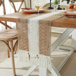 tableau lin chemin table géométrique franges rustique bohème beige blanc