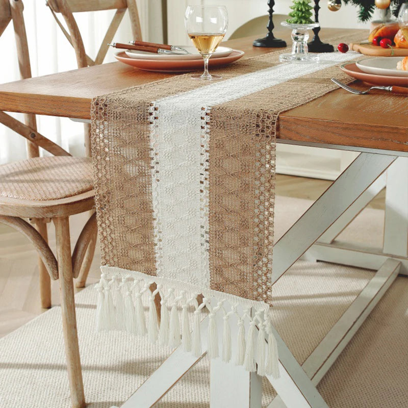 tableau lin chemin table géométrique franges rustique bohème beige blanc