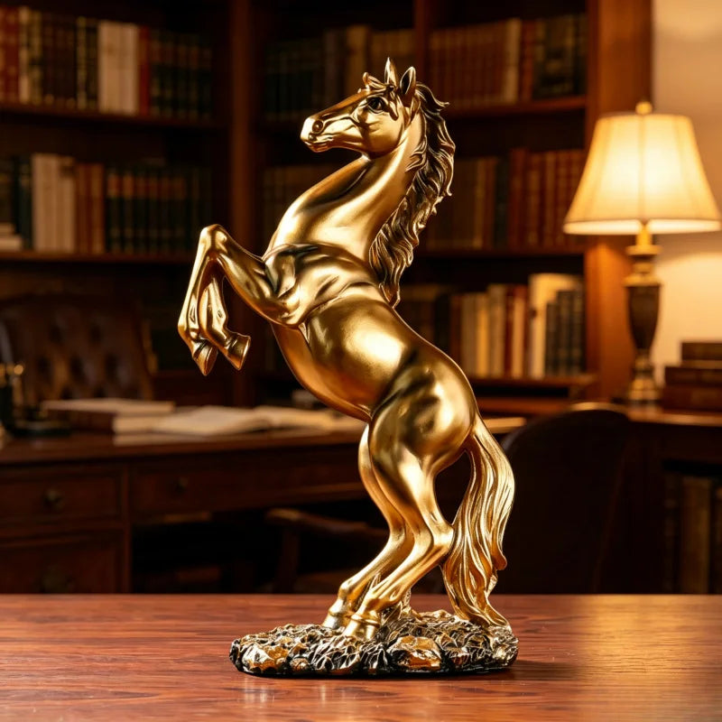 statue cheval résine doré noir blanc détaillée classique sculptural salon