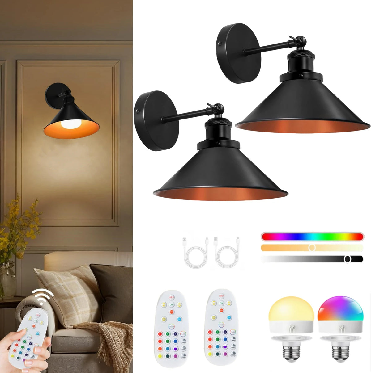 applique murale industrielle led rechargeable noir cuivre éclairage quotidien temporisation télécommande 15 couleursRGBOptimal