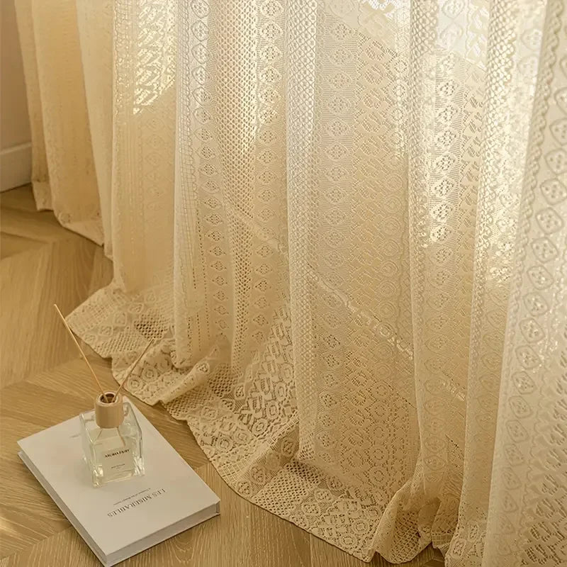 rideau polyester semi transparent beige dentelle géométrique classique maison bureauextérieur simple