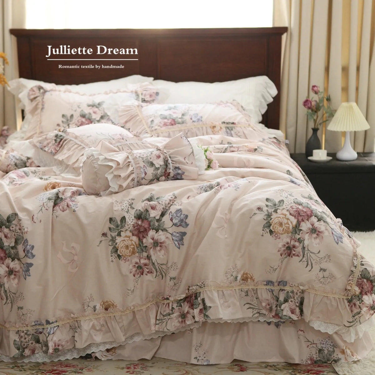 ensemble literie fleuri romantique 100 coton king size beige rose vert bleu