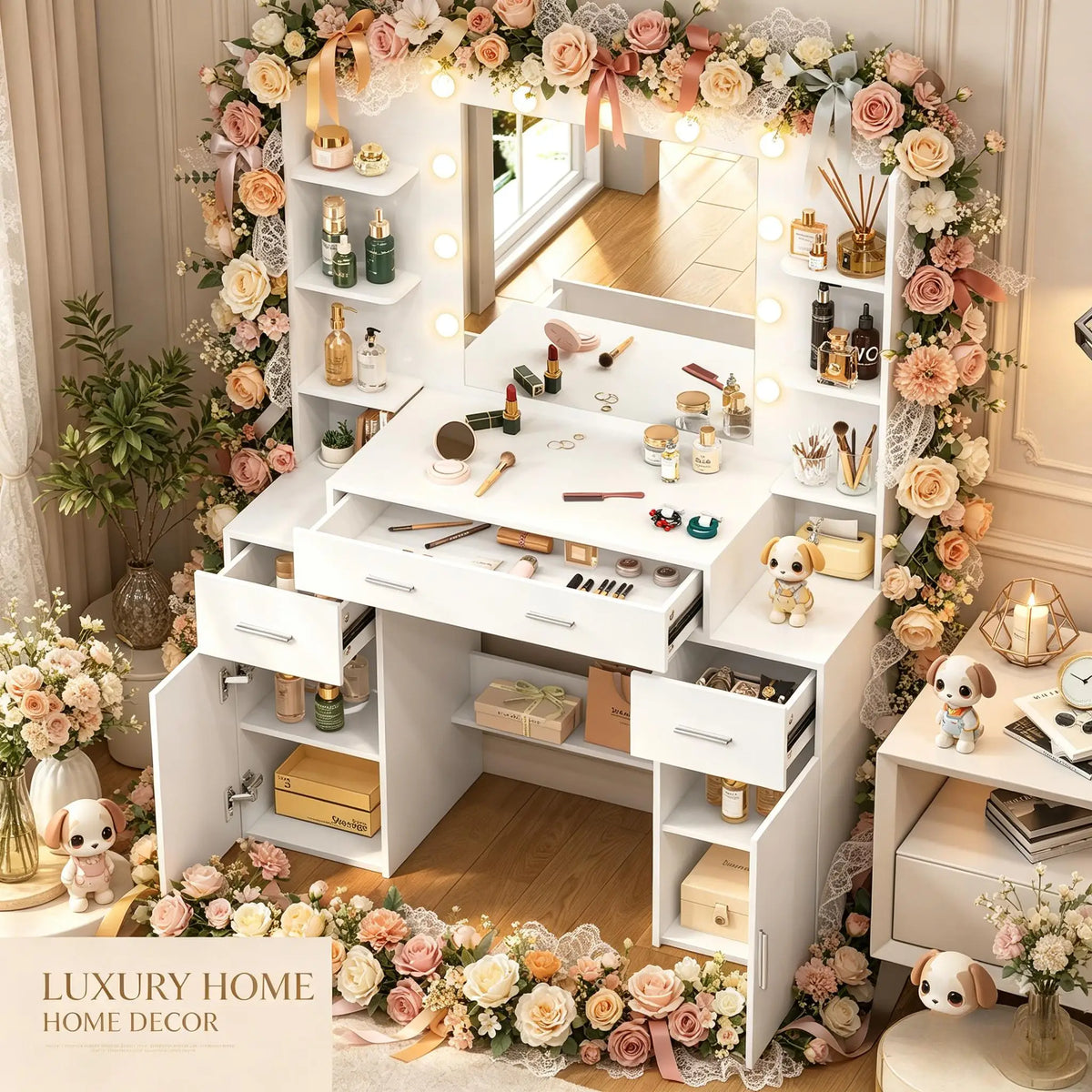 coiffeuse bois blanc miroir led modes éclairage tiroirs armoires moderne minimaliste