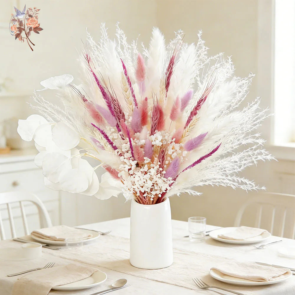 bouquet plumes graminées fleurs séchées blanc rose boho décoration intérieure anniversaire mariage