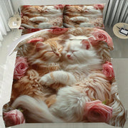 housse couette ensemble chats roses floral orange blanc chambre lit deux taies oreillers PolyesterComfortableEtFacileDentretien
