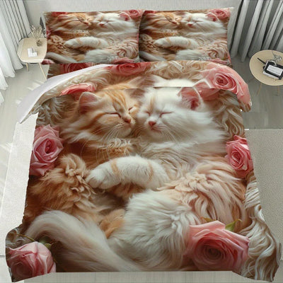 Housse de couette chaton et fleurs romantique blanche