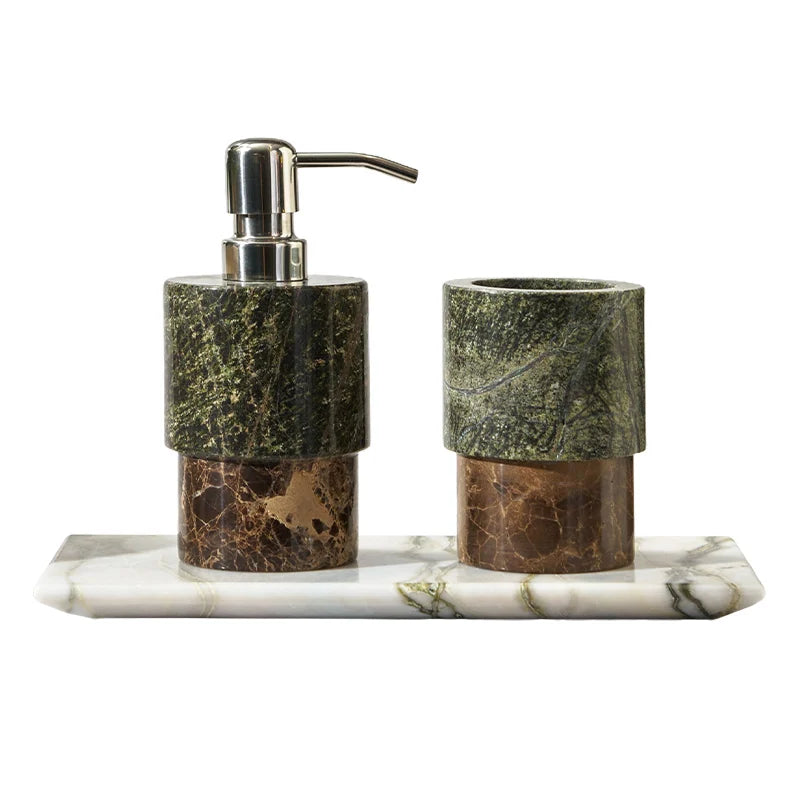 ensemble salle bain marbre moderne bouteille savon porte savon plateau vert marron noir blanc
