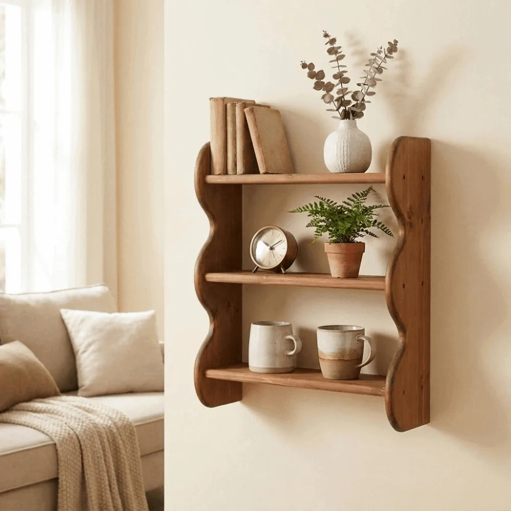 étagère murale bois brut naturel rustique moderne niveaux tasses chambre coucher fixations incluses