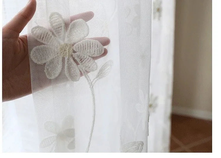 rideau blanc transparent polyester broderie fleurs décoratif salon fenêtre maison