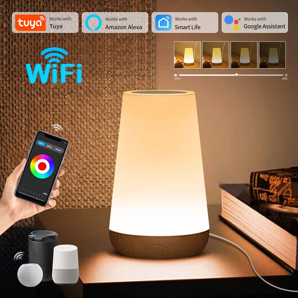 Lampe de chevet tactile intelligente LED WiFi bleue sur table de nuit
